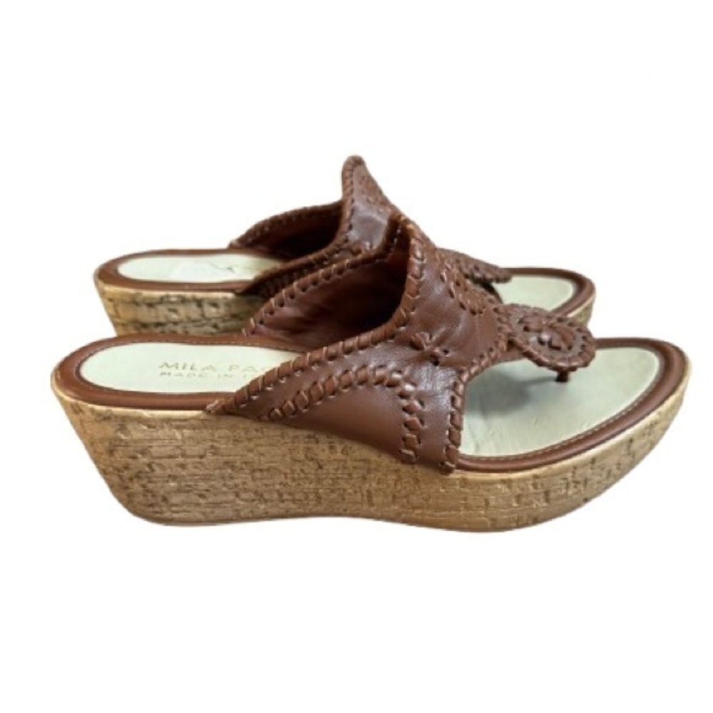 Mila Paoli Women 8M Brown Faux Leather Floral Design Sandal Cork Wedge Flip Flop
